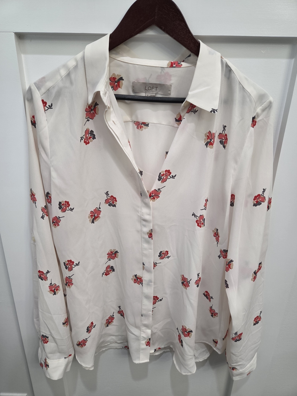 LOFT Cream Button-Down Shirt with Red Floral Print